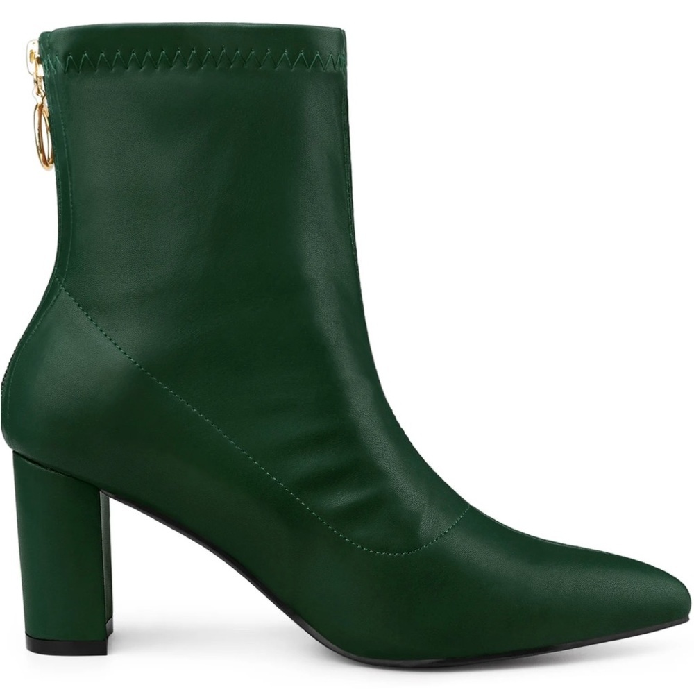 Allegra K Women's‎ Green Pointy Toe Block Heel Ankle Boots Size 9 Gold Ring Zip